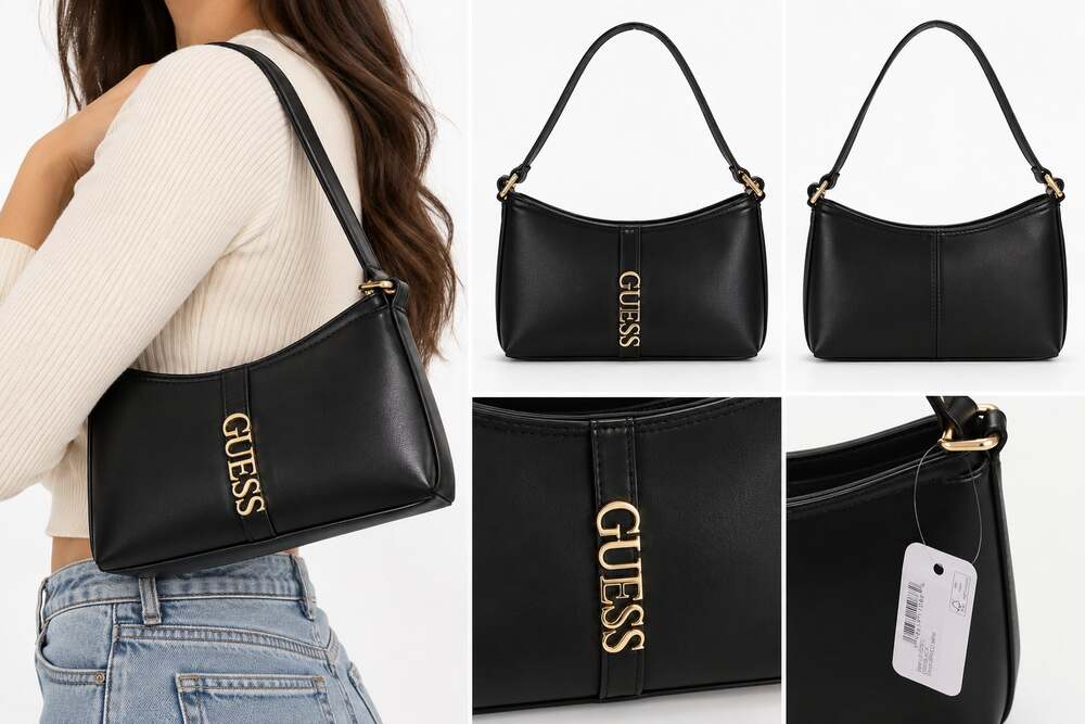 GUESS Women's Black Shoulder Bag – Gold Logo Accent